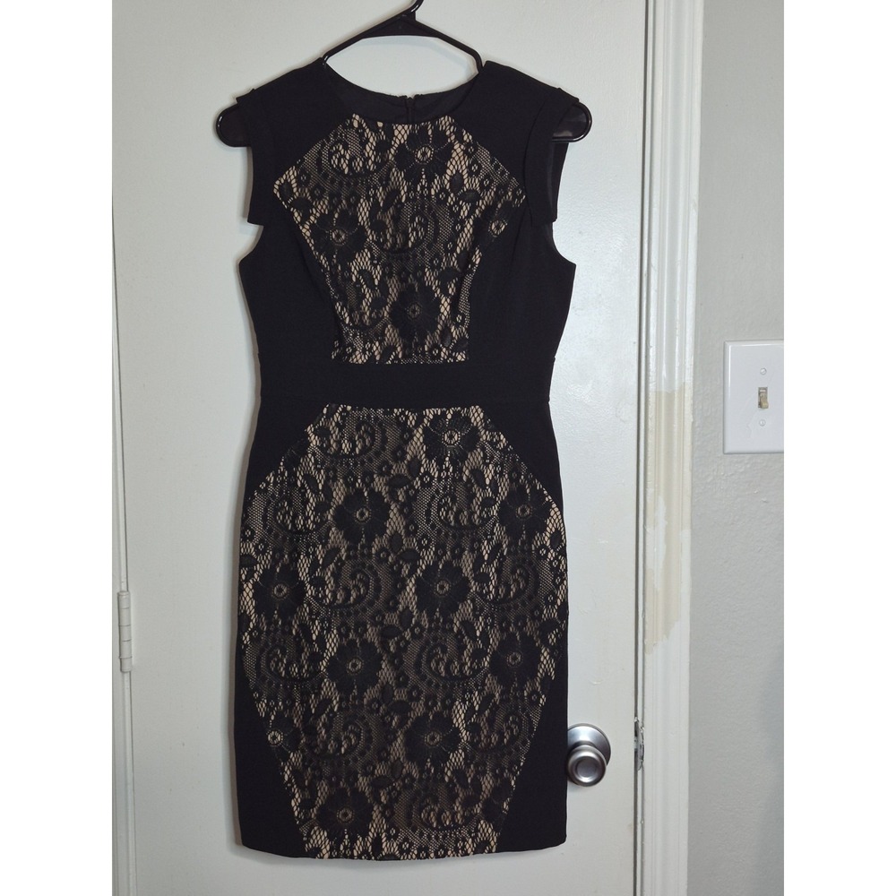 Vintage Adrianna Papell 4P Black Nude Lace Sheath Dress Cocktail Party Petite - Picture 3 of 6
